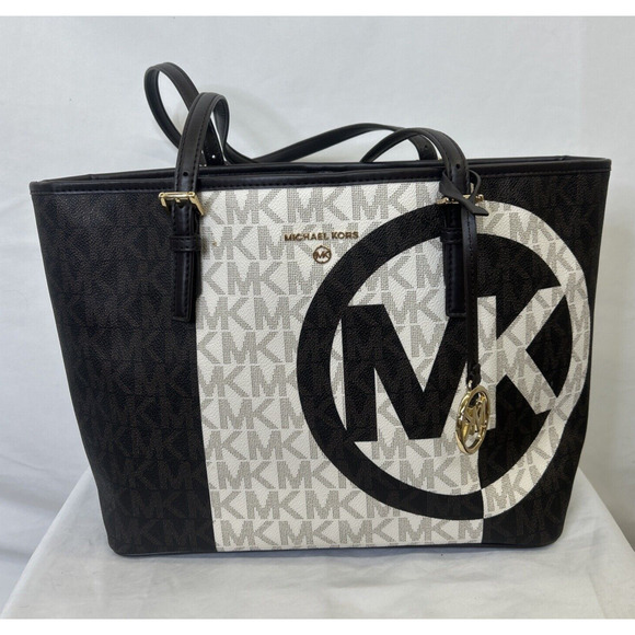 MICHAEL KORS Jet Set Charm Multi Carryall Tote Brown/Ivory LOGO Pattern Purse - Picture 3 of 16